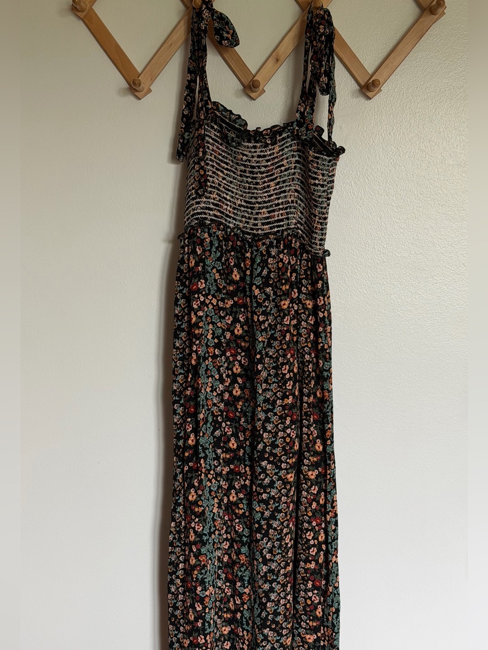 Angie Black Floral Smocked Maxi Dress with Tie Straps. Fits M-L